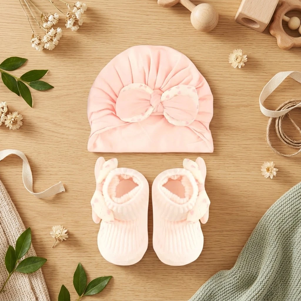 Sunnozy-hat+sock set - Champagne flowers - 0-6m