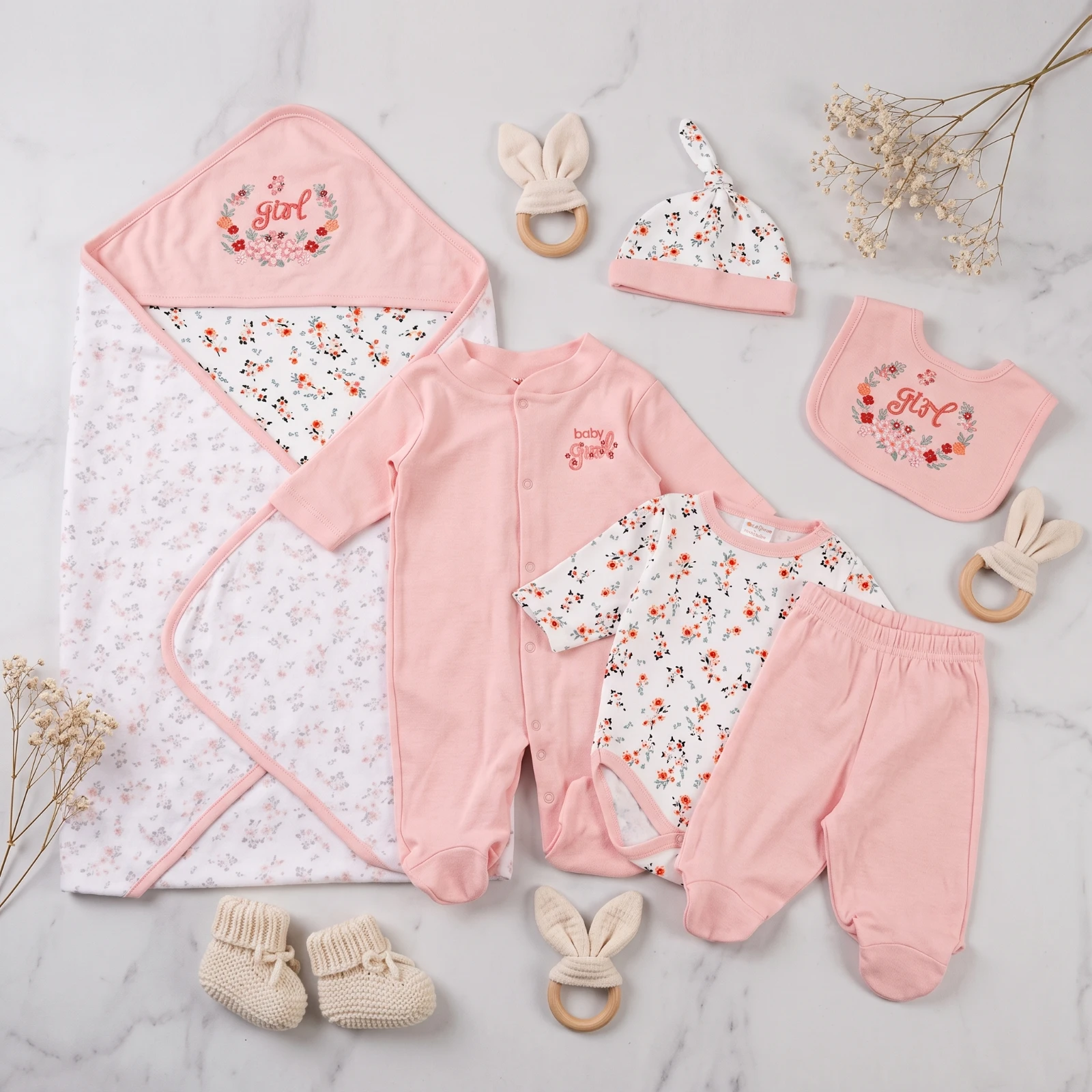 Little Duck-6pcs baby clothes - pink flowers - 0-3/3-6M
