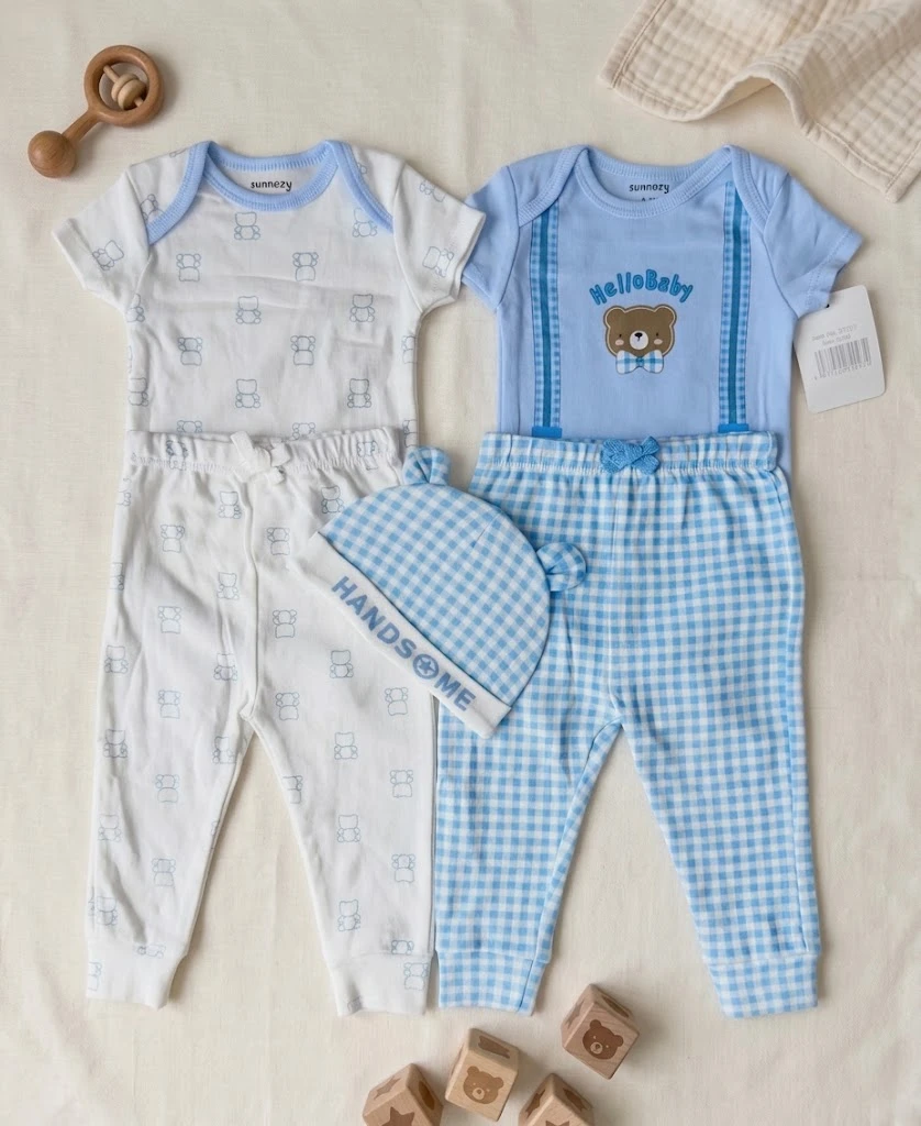 Sunnozy-5pcs clothing set(2bodysuits+2pants+1hat) - Blue Plaid Bear - 0-3/3-6/6-9M