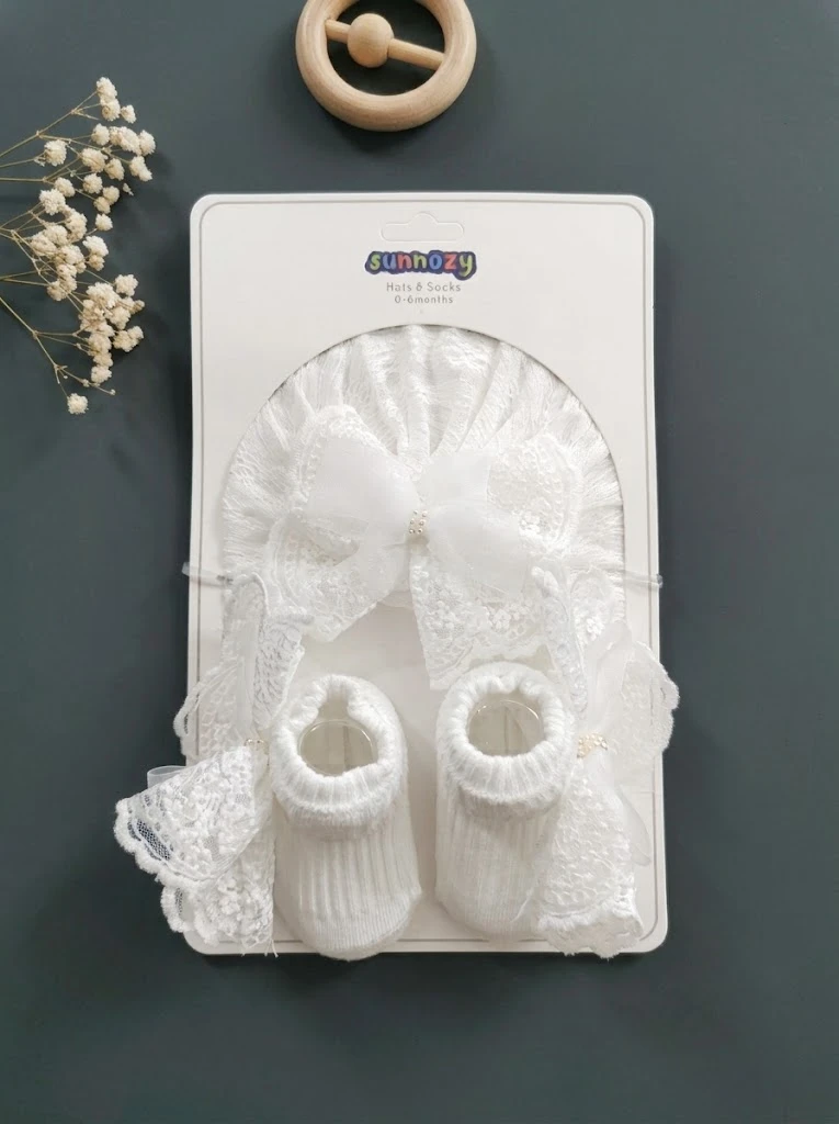 Sunnozy-hat+sock set - white bow - 0+