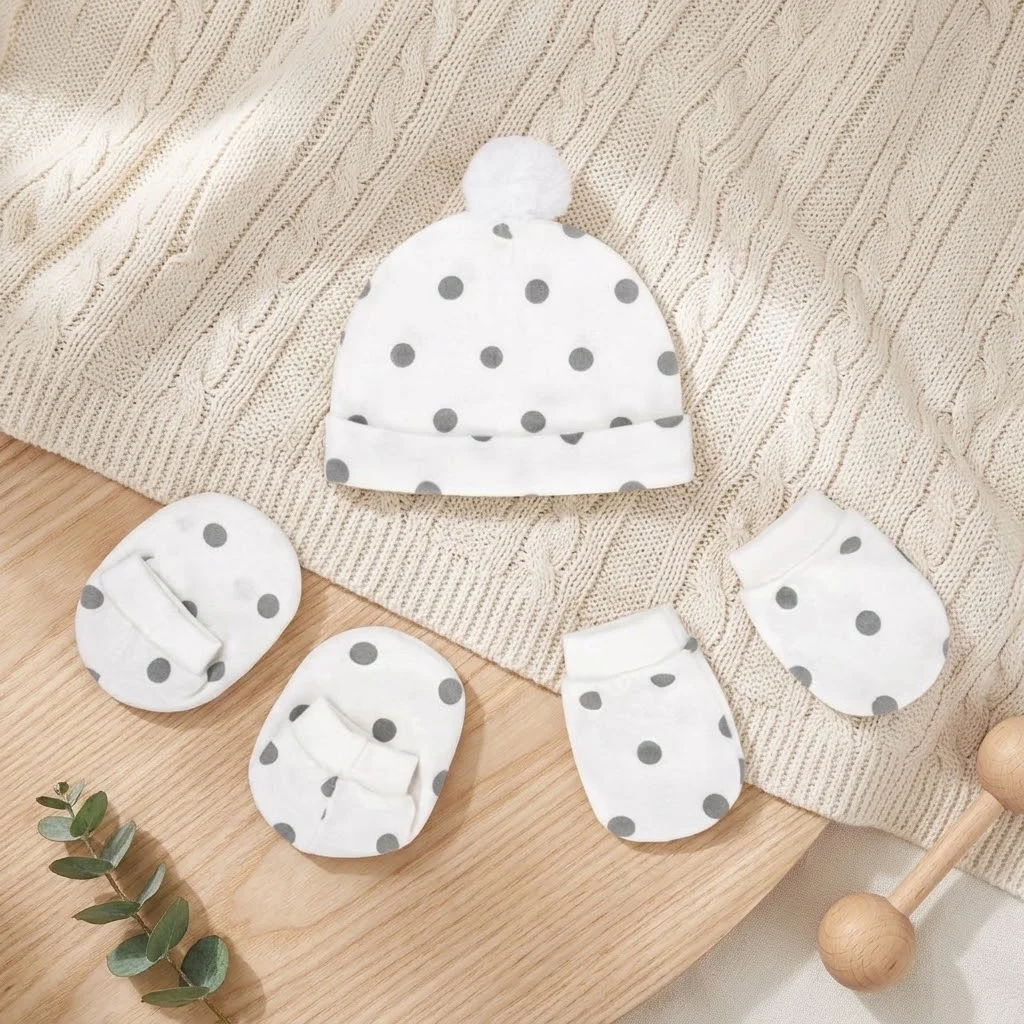 Sunnozy-Hat+Mittens+Booties - gray dot - 0+