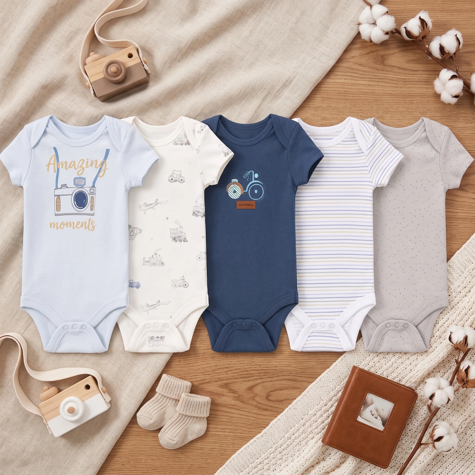 Sunnozy-5 In 1 Bodysuit - Vintage style - camera - 0-3/3-6/6-9M